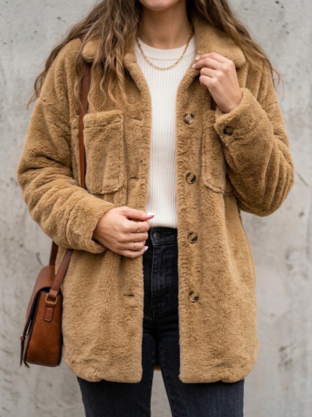 Oversized Plush Teddy Faux Shearling Shacket / Fleece Shirt Jacket - Camel Tan